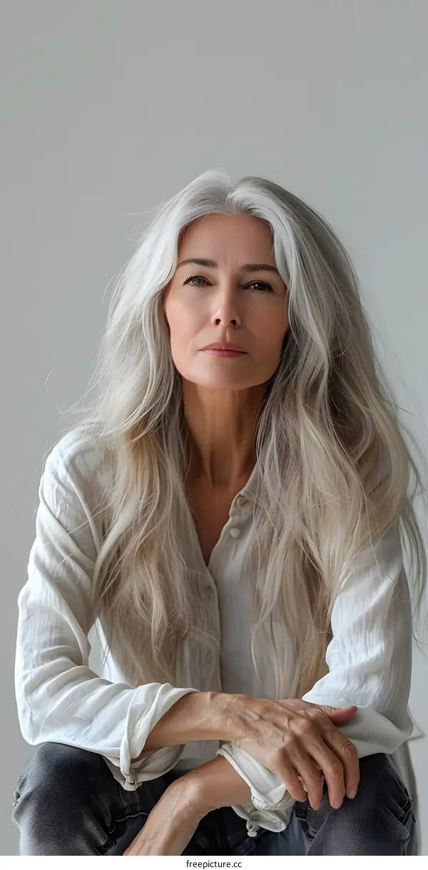 Portrait of a mature woman with long gray hair