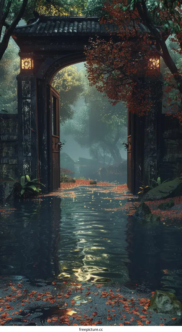 Mystical Temple Gate in the Middle of a Forest with Red Maple Leaves on the Ground