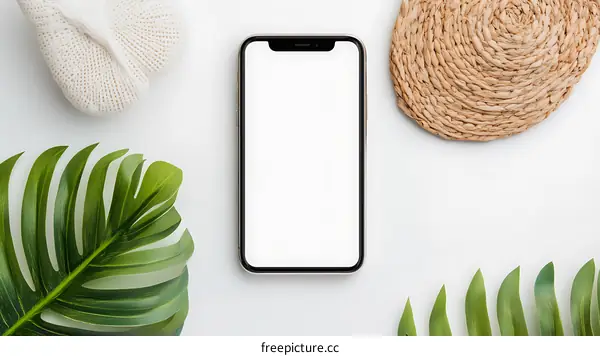 Flat Lay with Green Leaves, White Knitted Ball, and a Smartphone with White Screen