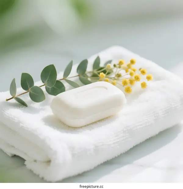 White soap on folded towel with eucalyptus and flowers