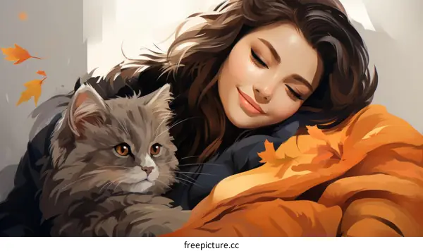 A young woman is lying on a bed with a gray cat.