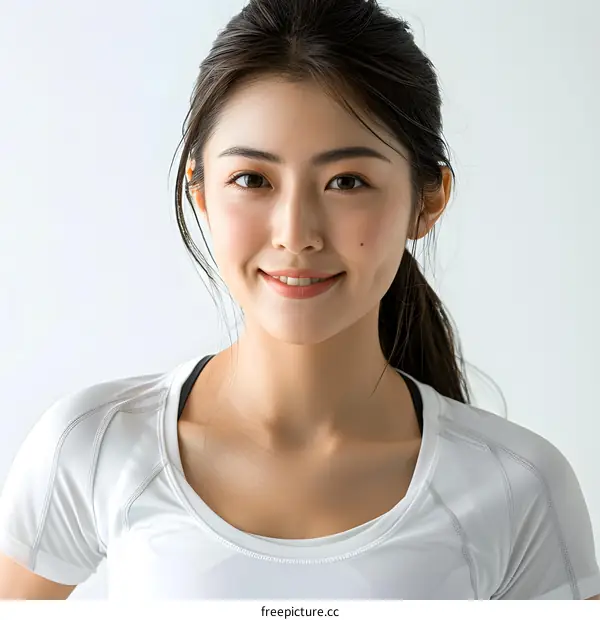 Portrait of a smiling young East Asian woman in a white activewear top