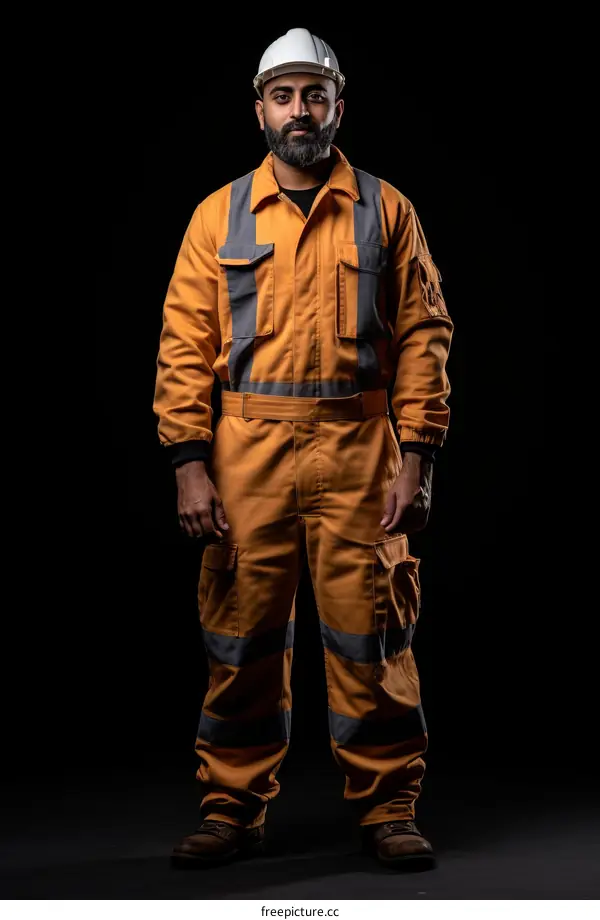 Portrait of a male construction worker wearing a hard hat and safety gear