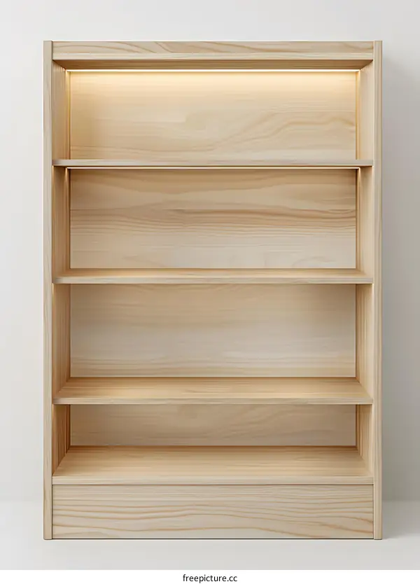 Wooden Bookshelf with Four Shelves and a Light