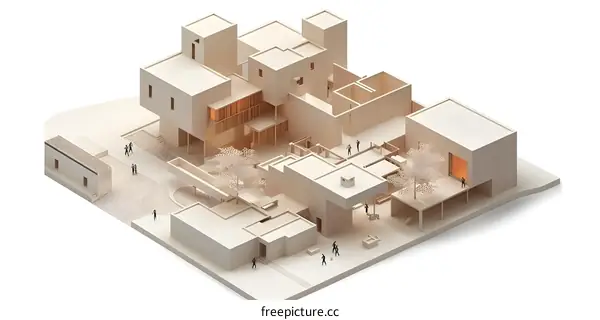 Architectural Model of a Modern Building Complex with People Figures