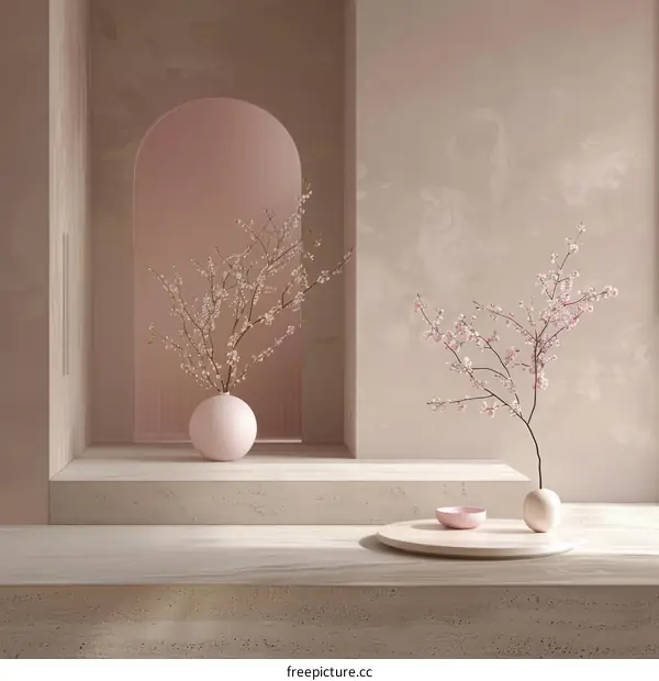 Minimalist interior design with pink blossom branches in vases