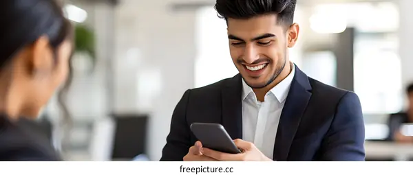 Smiling Businessman Using Smartphone in Office
