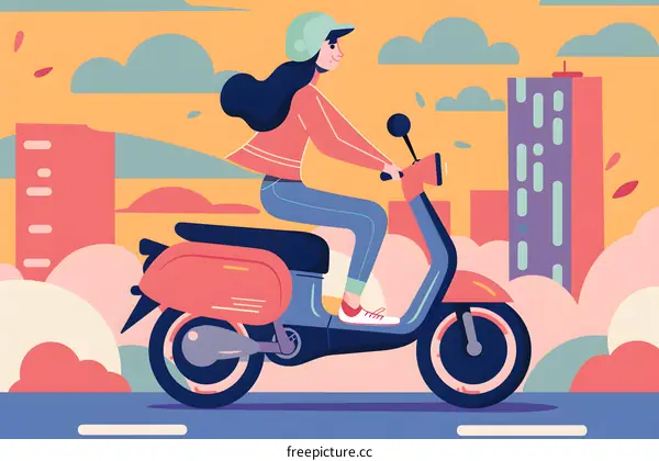Woman Riding Scooter Through Cityscape Illustration