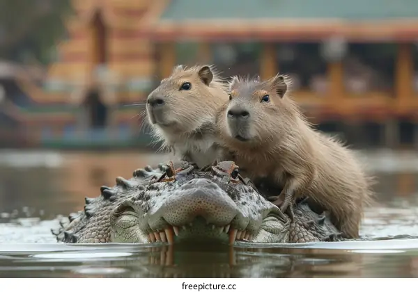 Two capybaras sitting on a crocodile