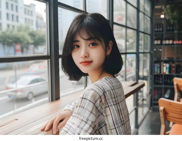 Young Asian Woman Looking Over Her Shoulder in a Cafe