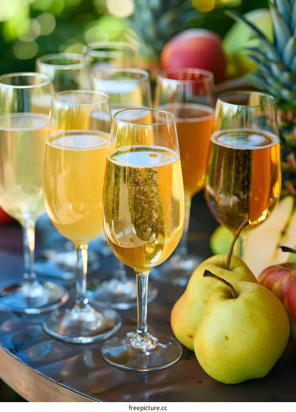 Closeup of Sparkling Cider in Glasses with Pears and Apples