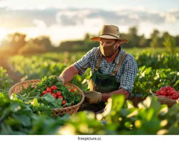 A farmer wearing a mask is harvesting vegetables in the field
