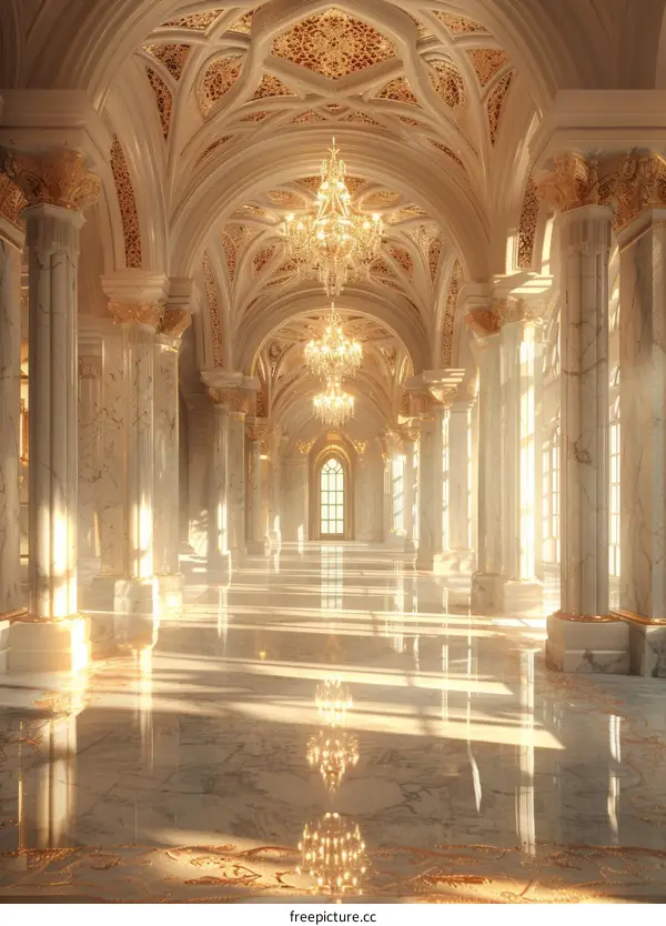 Ornate marble hallway with grand chandeliers