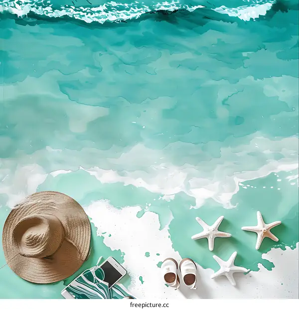 Summer Watercolor Background With Seashells And Straw Hat