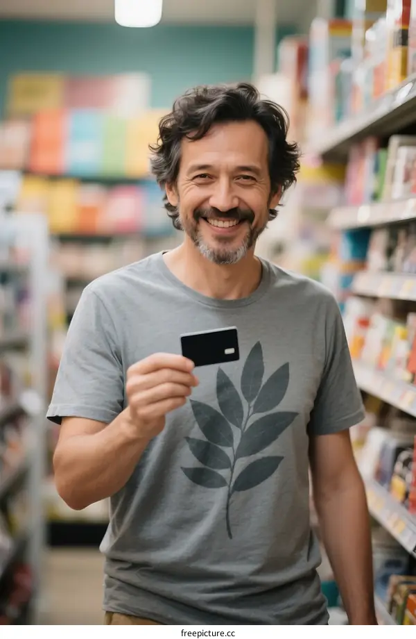 Man holding black card in supermarket aisle