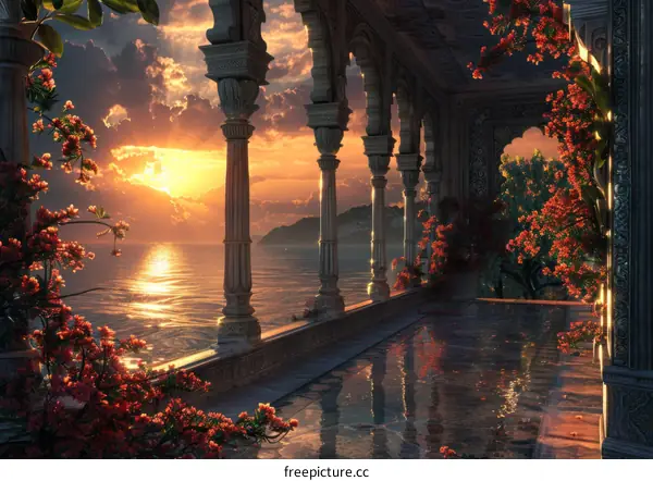 Fantasy Sunset Overlooking the Ocean with Beautiful Flowers