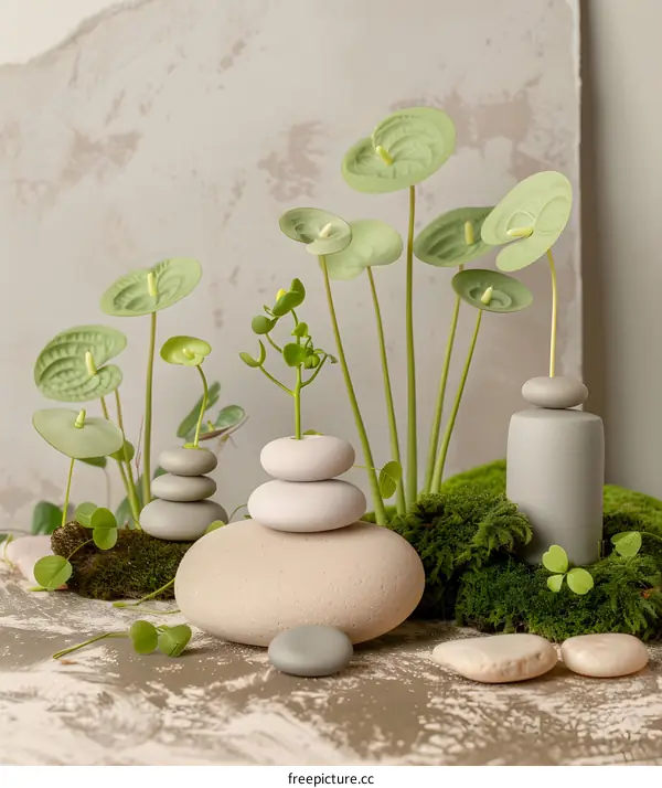 Green Plants and Stacked Stones on a White Background