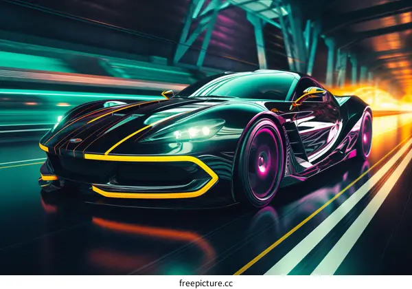 Black and yellow futuristic sports car on a neon road