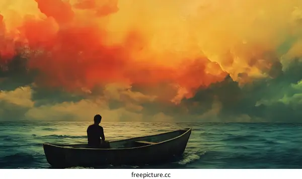 Man Alone In Rowboat On Ocean With Dramatic Cloudy Sky