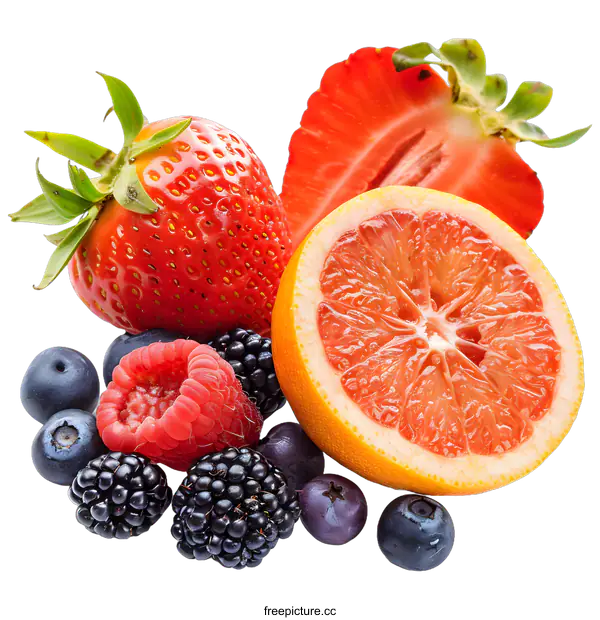 [Transparent Background PNG]Fresh Summer Fruit Mix with Strawberry, Grapefruit, Raspberry and Blackberry