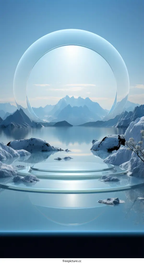 Fantasy landscape with floating glass podium and mountains in the background