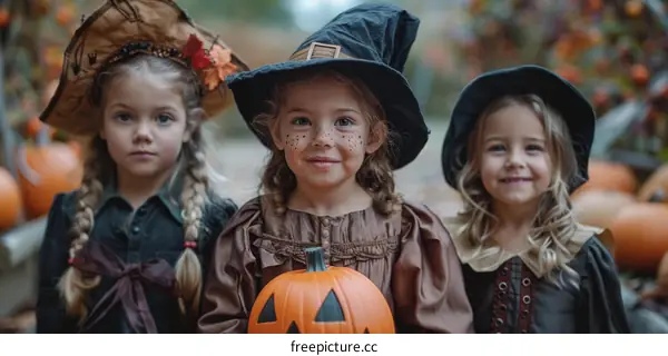 Three young girls dressed in Halloween costumes