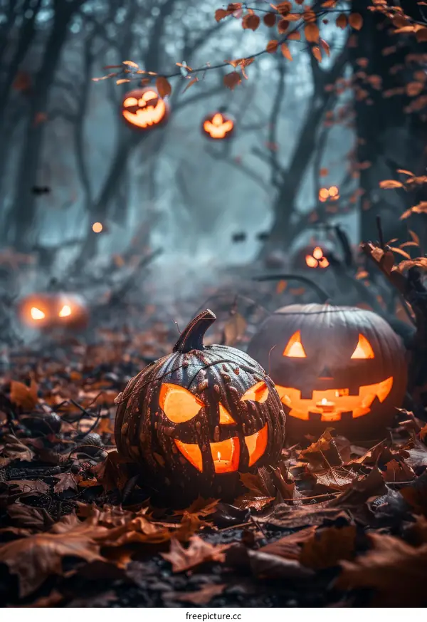 Spooky Halloween pumpkins in a dark forest
