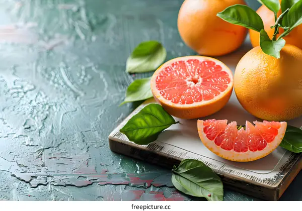 Fresh Grapefruit with Leaves on a Cutting Board