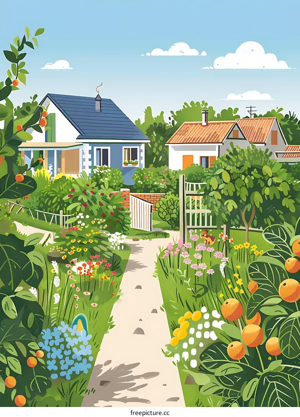 Summer Garden with Houses and Path