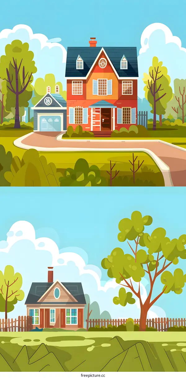 Two Houses In Green Landscape With Blue Sky