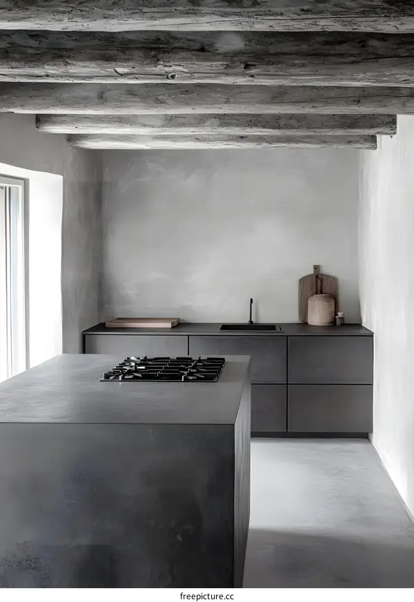 Modern Minimalist Kitchen Design with Exposed Wooden Beams