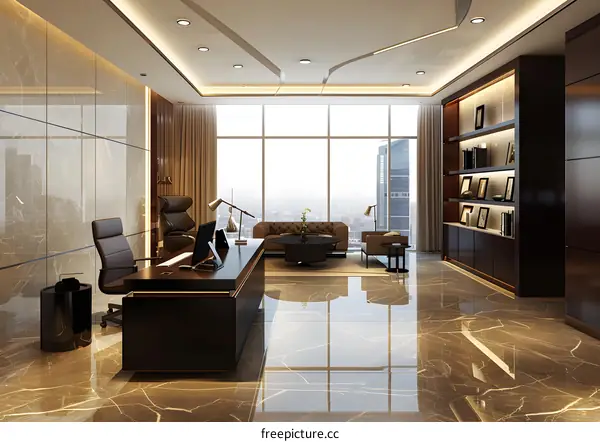 Modern Luxury Office Interior Design With Marble Floor and City View