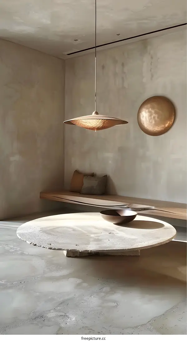 Modern Minimalist Interior Design with Concrete Coffee Table and Wooden Bench