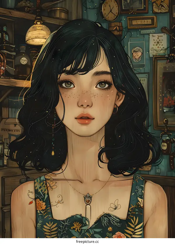 Beautiful Asian Girl Portrait Illustration with Flowers and Vintage Background