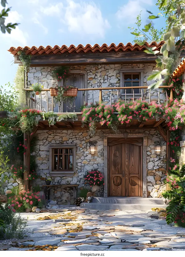 Stone house with flowers
