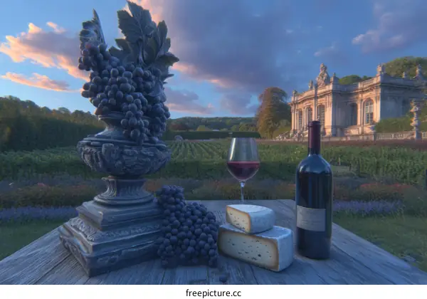 Grapes, Cheese and Wine with French Chateau in the Background