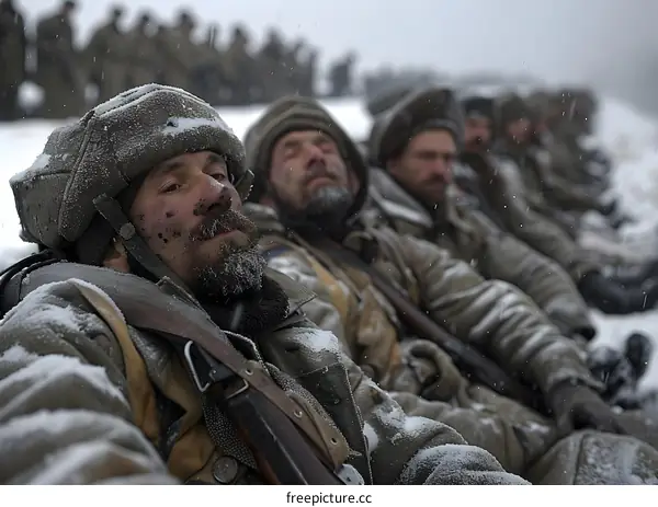 A group of soldiers are taking a rest in the snow.