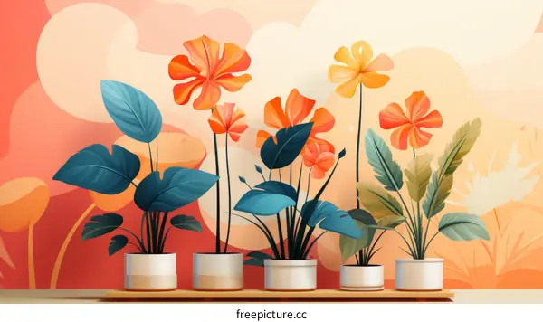 A variety of flowers and leaves in pots