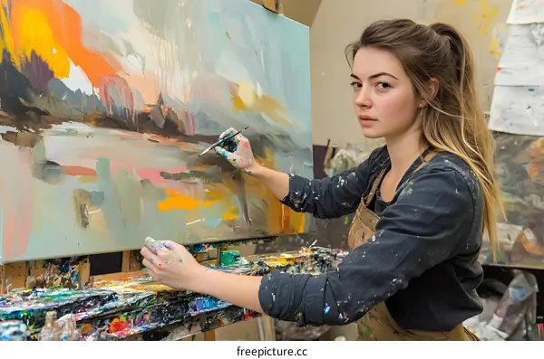 Woman Artist Painting Abstract Artwork in Studio