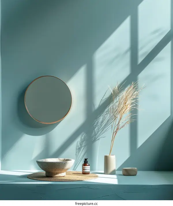 Serene Blue Bathroom Vanity with Round Mirror and Natural Elements