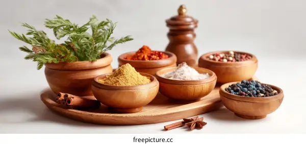 Assortment of Aromatic Spices on Wooden Tray