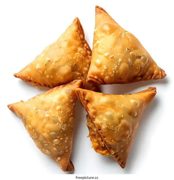 Four delicious samosas on white background