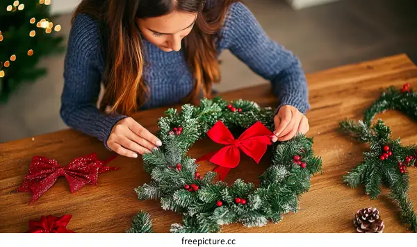Woman making Christmas wreaths on a wooden table
