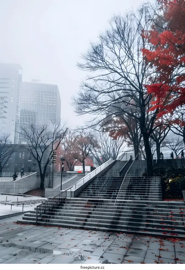 Steps leading up to a building with trees and a foggy background