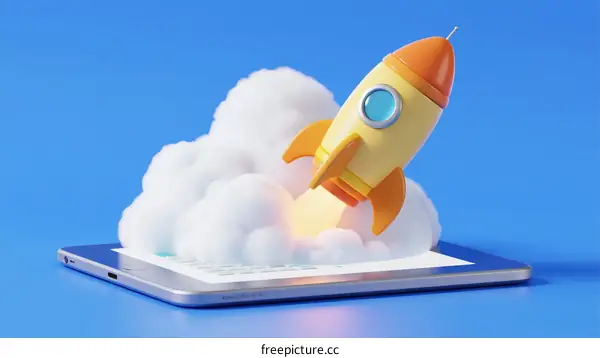 Rocket Launching from Digital Tablet with Cloud Background