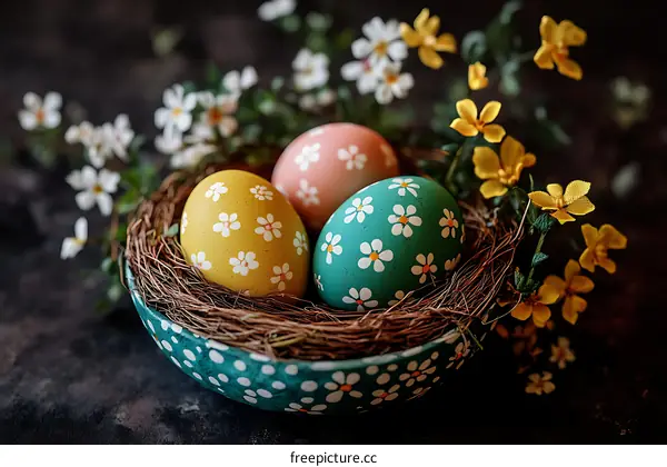 Easter Eggs in a Nest with Flowers