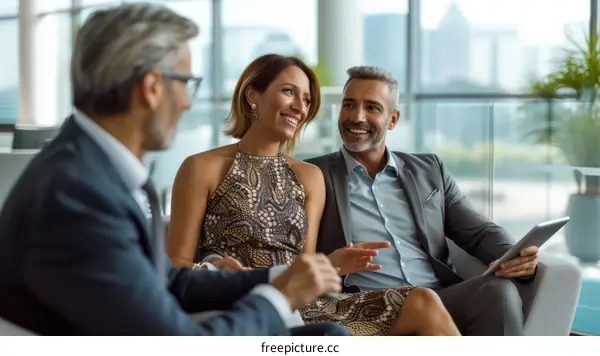 Business meeting in modern office space with glass windows