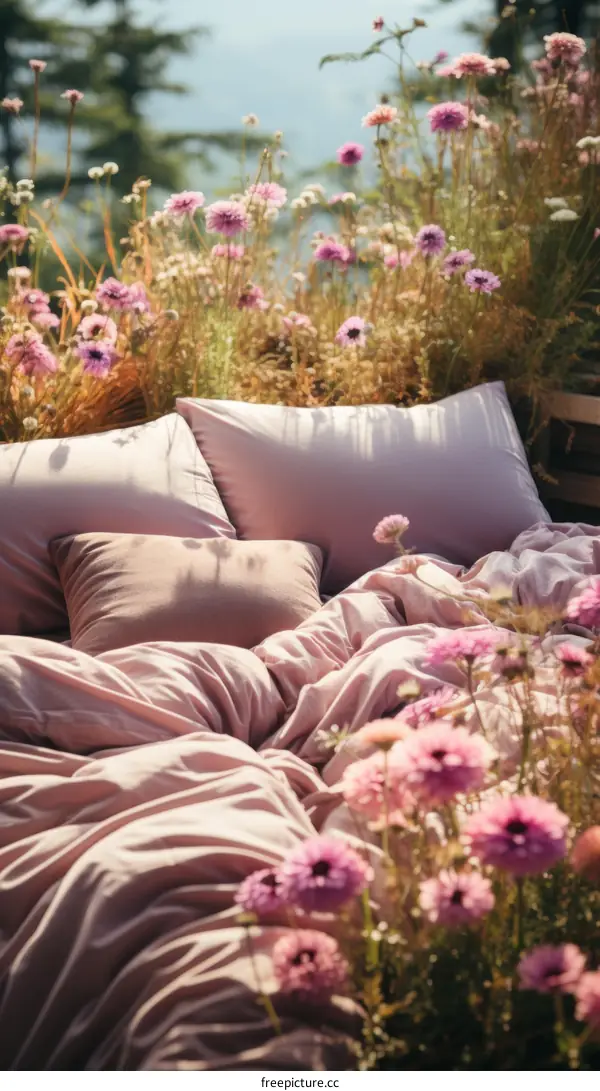A comfortable bed in a beautiful flower field