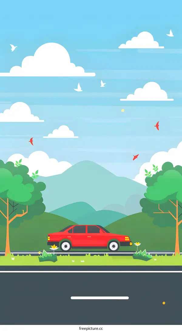 Red Car on a Road with Green Trees and Blue Sky