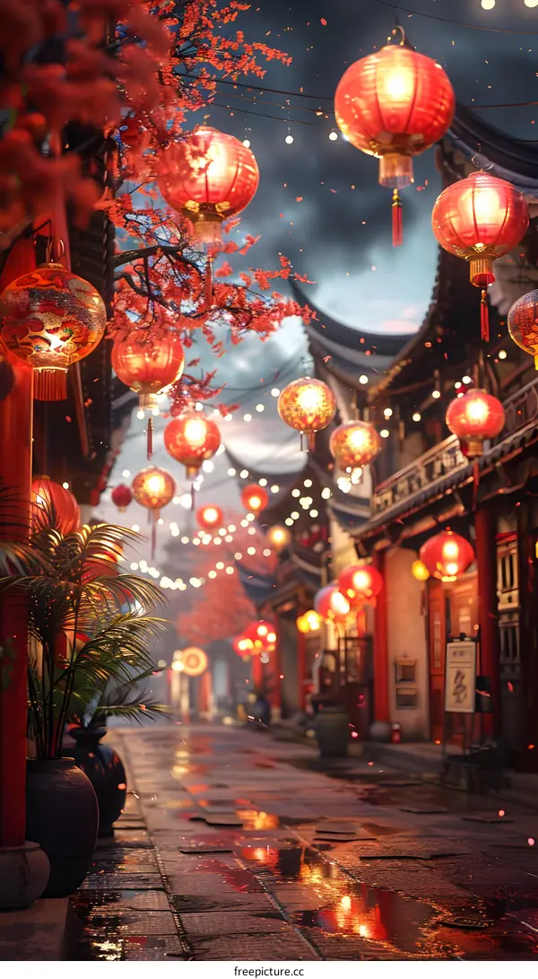 A street in ancient China with many red lanterns floating in the rain